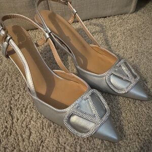 V Rhinestone Silver Slingback heels